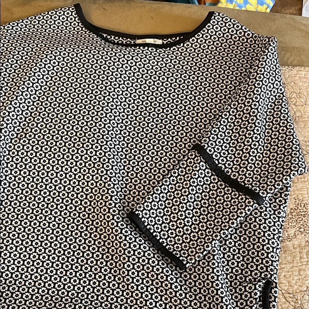 Max Studio Black White Jacquard Floral 3/4 Sleeves Knit Tunic High Low Size-L